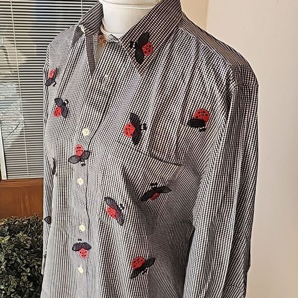 Ladybugs everywhere!long sleeve button front blouse - Picture 3 of 10